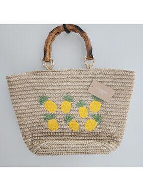 D'Margeaux Pineapple Bucket Tote Bamboo Habdles, Embroidered Pineapples, Straw